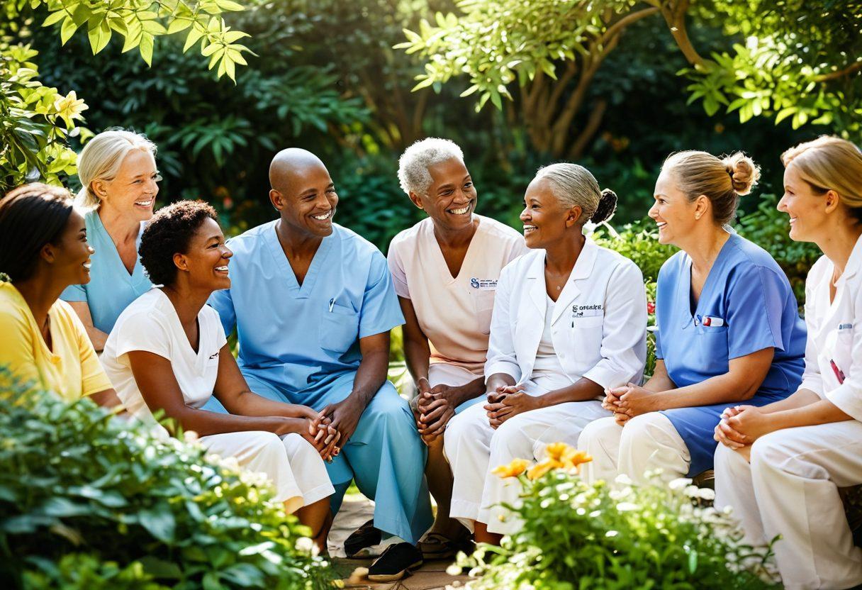 A warm and inviting scene of a diverse group of individuals, including patients, caregivers, and healthcare professionals, gathered in a bright, sunlit garden. They are engaged in supportive conversations, sharing smiles and laughter, surrounded by lush greenery and blooming flowers, symbolizing hope and resilience. Include motivational quotes about wellness and cancer care subtly integrated into the background. soft focus, vibrant colors, super-realistic.
