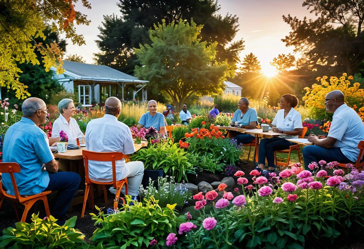 A hopeful sunrise illuminating a group of diverse individuals gathered in a lush community garden, discussing and sharing ideas on cancer research. Incorporate vibrant elements like blooming flowers and ribbons symbolizing awareness. Include a backdrop of an inspiring, modern research facility in the distance. super-realistic. vibrant colors. warm tones.