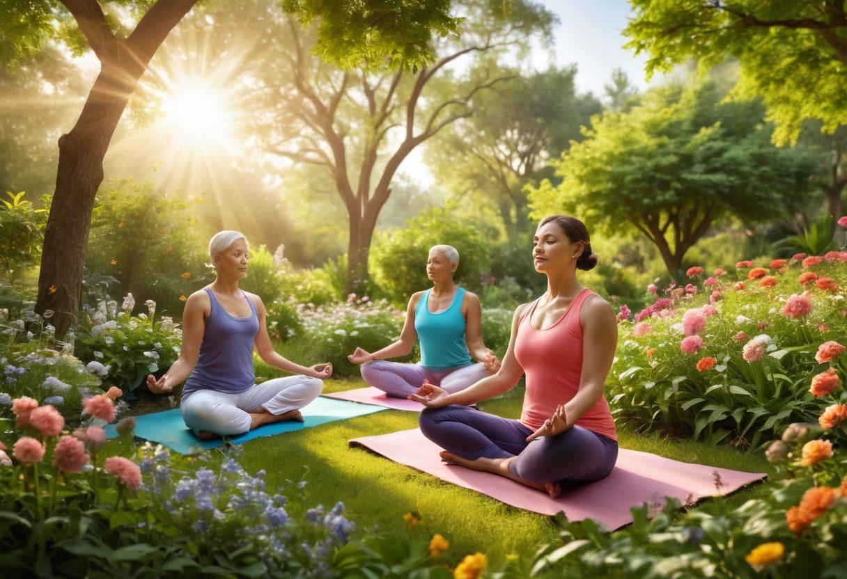 A serene scene depicting a diverse group of cancer patients engaging in wellness activities, such as yoga and meditation, surrounded by lush greenery and blooming flowers. Include supportive friends and family members providing encouragement, with soft sunlight filtering through the trees, symbolizing hope and healing. Infuse the image with vibrant colors and a sense of tranquility. super-realistic. vibrant colors. peaceful atmosphere.